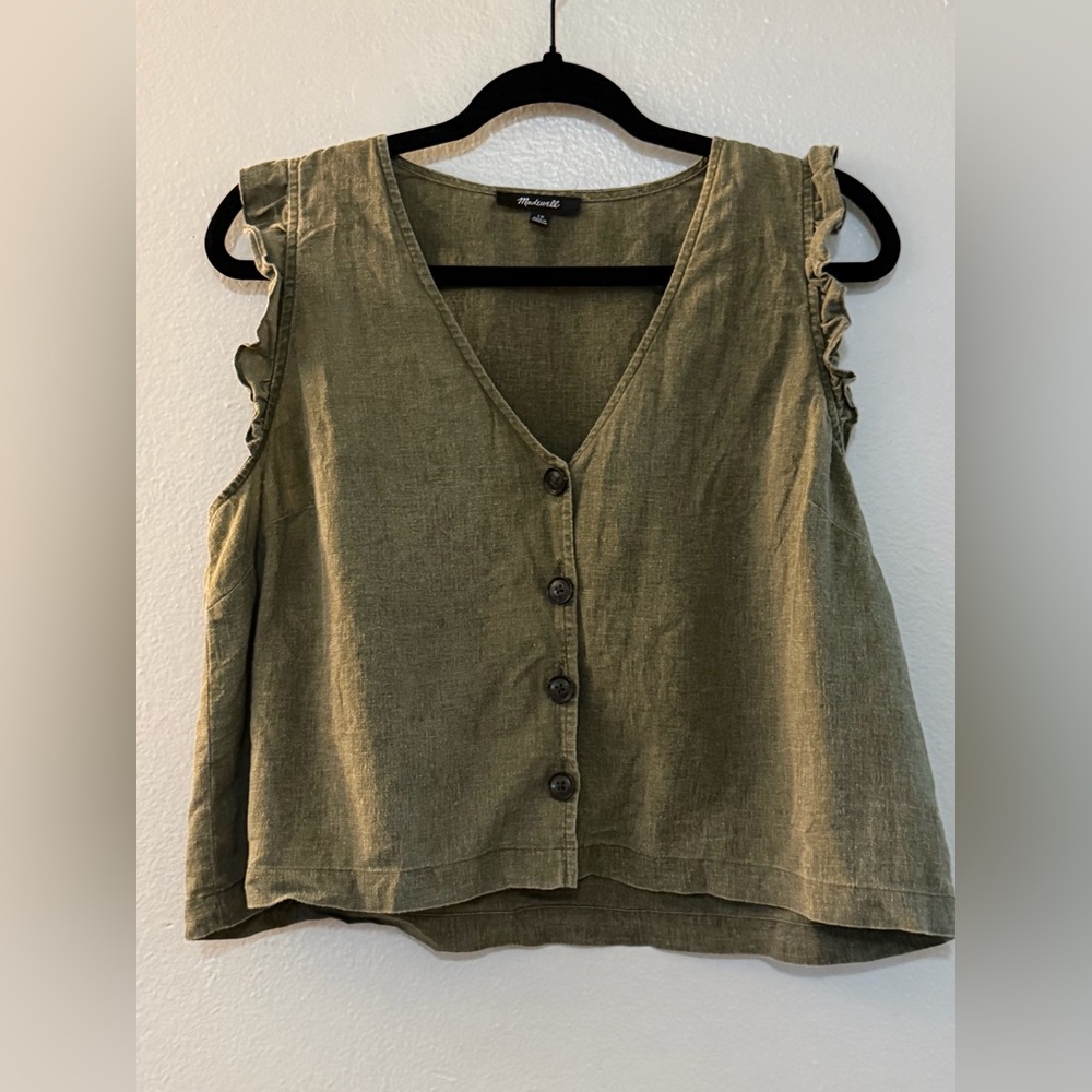 Madewell Linen Blend Ruffle Sleeve Button Front Top Olive Green 10